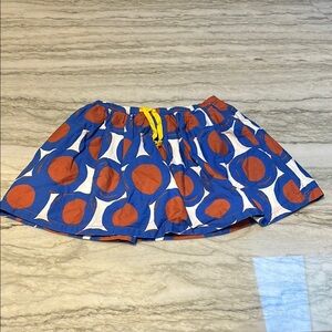 Mini Boden 5/6 Kids Blue and Orange Printed Skirt with Yellow Drawstring